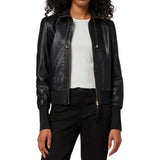 Women's Black Leather Bomber High Neck Jacket