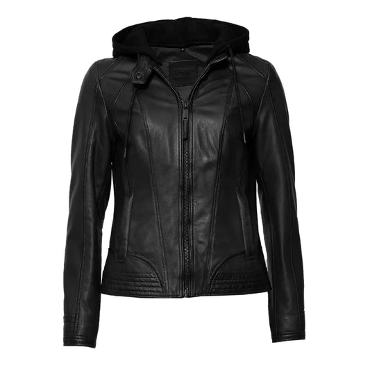 Women's Black Hooded Leather Moto Jacket