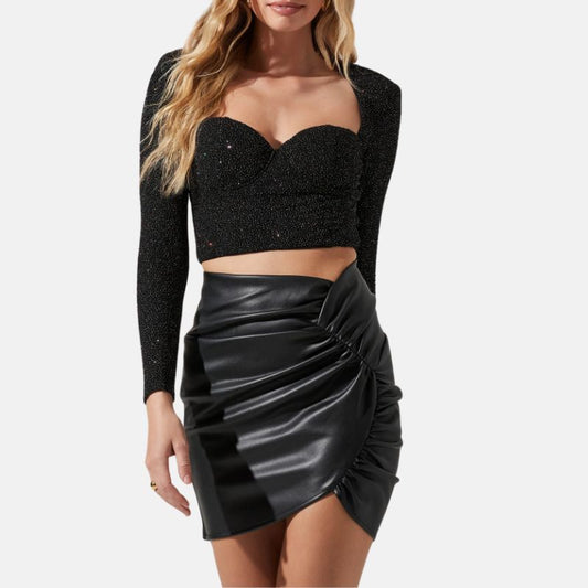 Women’s Lapel Style Black Leather Mini Skirt