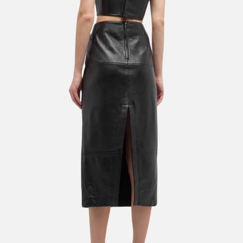 Black Leather Midi Skirt For Women's