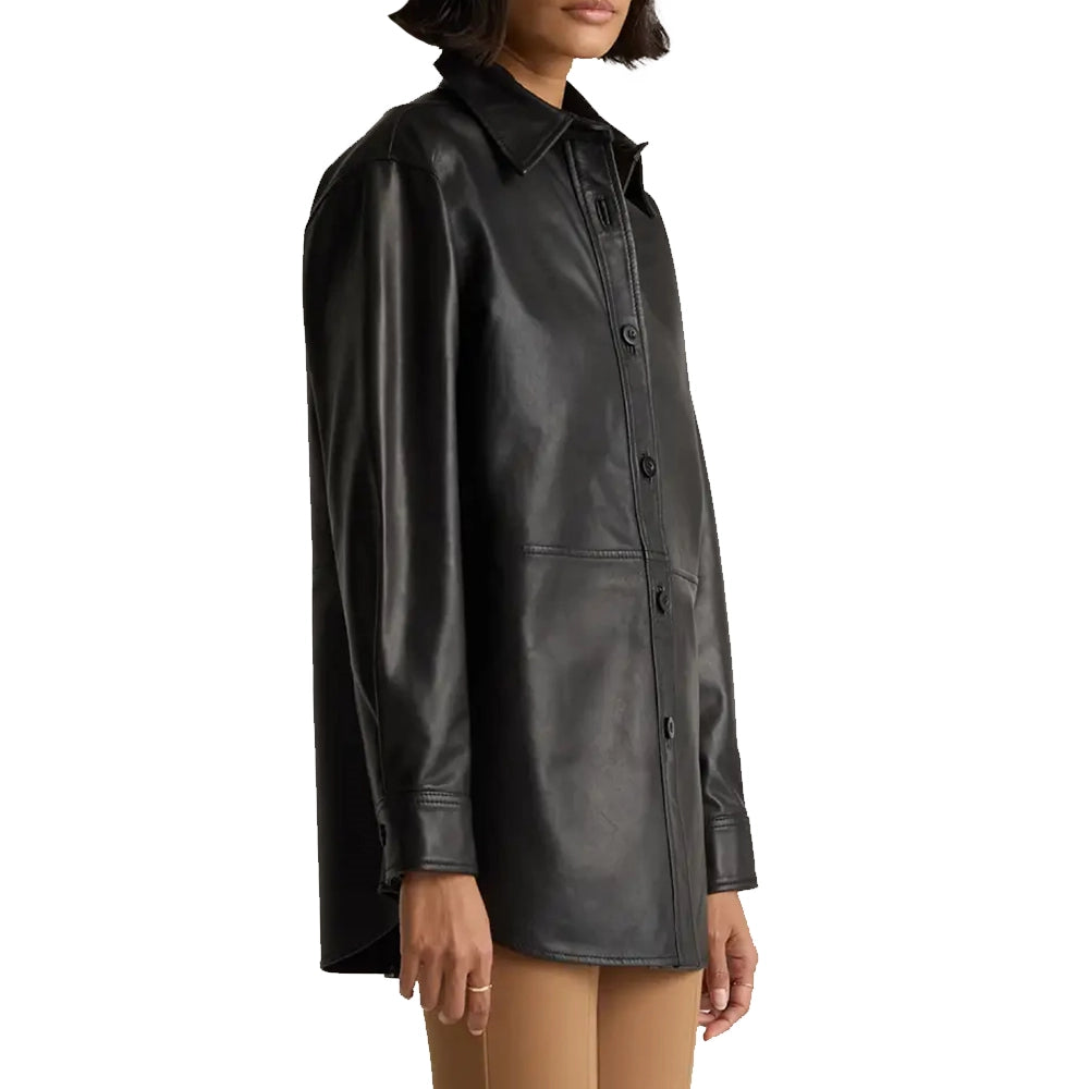 Womens Three Quarter Black Long Leather Coat