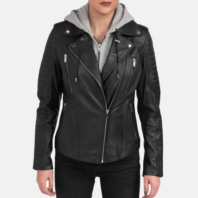 Womens Black Motorcycle Leather Jacket With Removable Hood