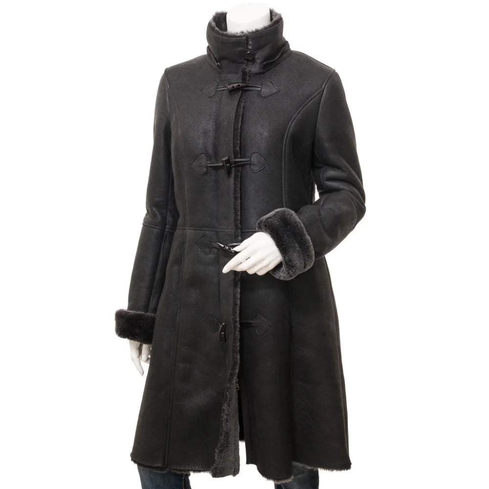 Women's Black Sheepskin Duffle Coat With Detachable Hood