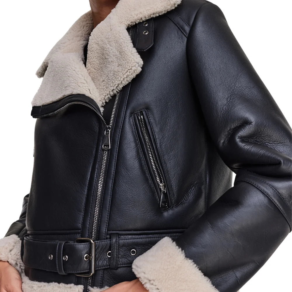 B3 Black Bomber Leather Aviator Jacket Women's