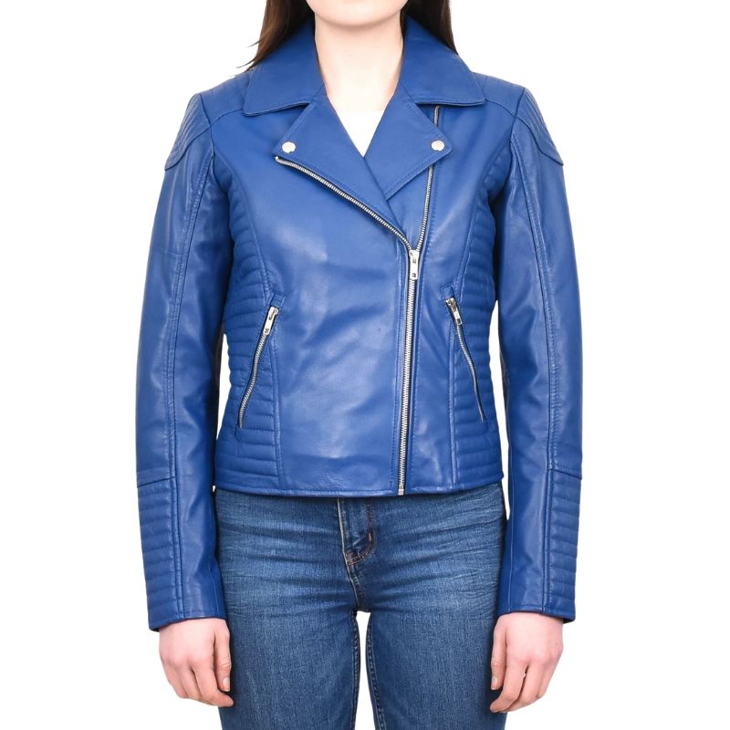 Women's Blue Biker Quilted Leather Jacket