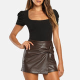 Women's Brown Leather Mini Twisted Skirt