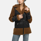 womens brown shearling asymmetrical zipper leather bomberr