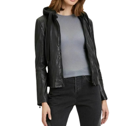 Black Cafe Racer Womens Hooded  Leather Jacket