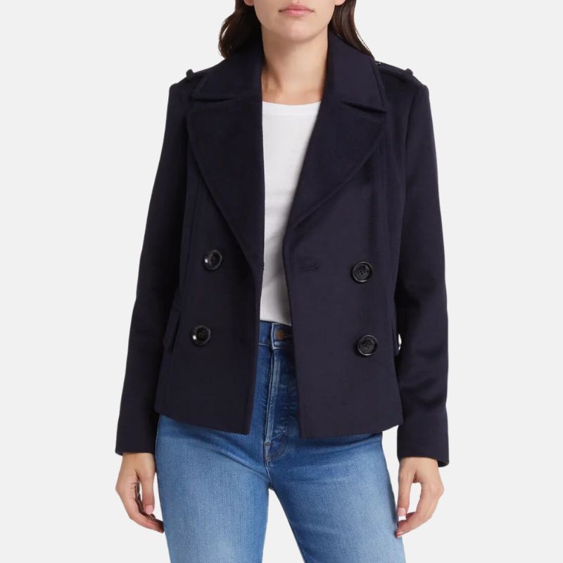 Womens Double Breasted Dark Blue Wool Coat