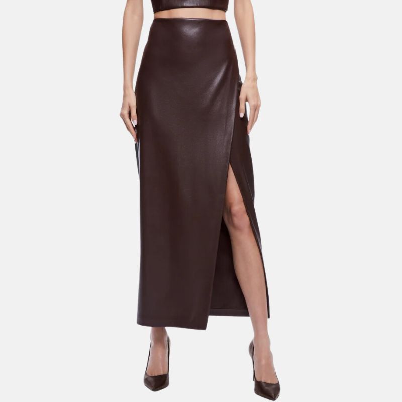 Dark Brown Leather Asymmetrical Midi Skirt