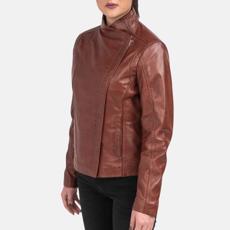 Womens Asymmetrical Dark Brown Leather Biker Jacket