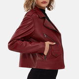 Dark Red Biker Style Leather Jacket For Womens