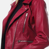 Dark Red Leather Motorcycle Jacket For Womens