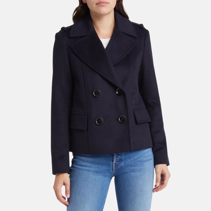 Womens Double Breasted Dark Blue Wool Coat