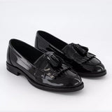 Womens Fringe Tassel Black Leather Loafers