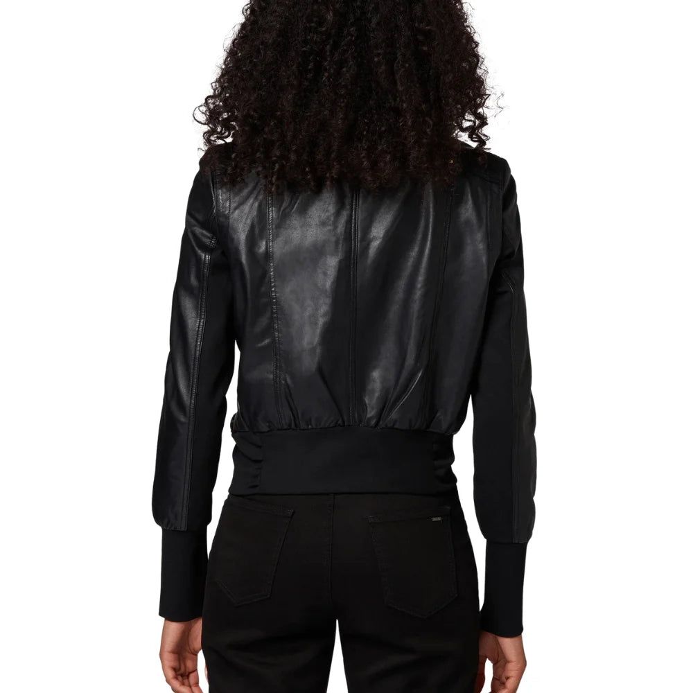 Women's Black Leather Bomber High Neck Jacket