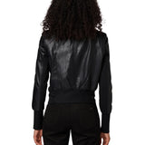 Women's Black Leather Bomber High Neck Jacket