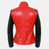 Red And Black Quilted Motorcycle Leather Jacket For Womens