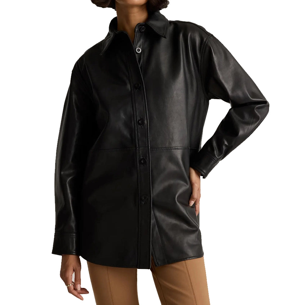 Womens Three Quarter Black Long Leather Coat