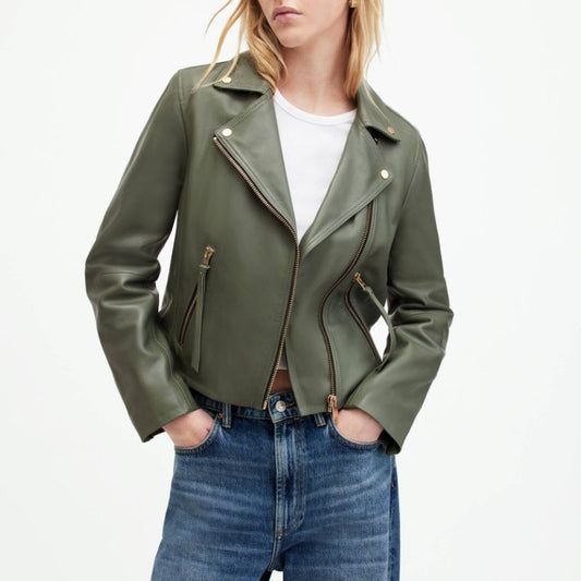 Womens Leather Green Motorcycle Jacket