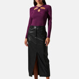 Women's Pant Style Black Leather Midi Skirt