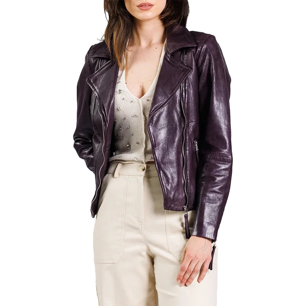 Women Slim Fit Motorcycle Purple Leather Jacket