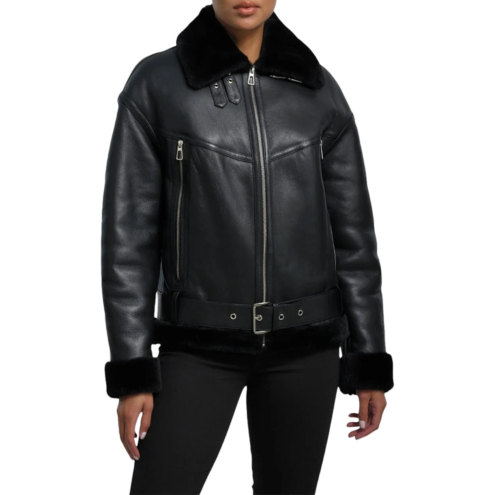 Womens Black B3 Shearling Aviator Leather Jacket