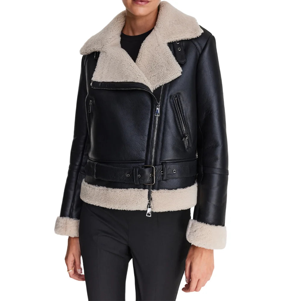 B3 Black Bomber Leather Aviator Jacket Women's