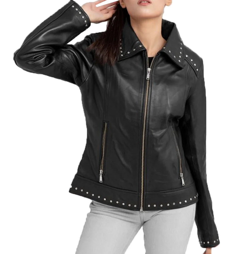 Classic Studded Black Leather Jacket Womens