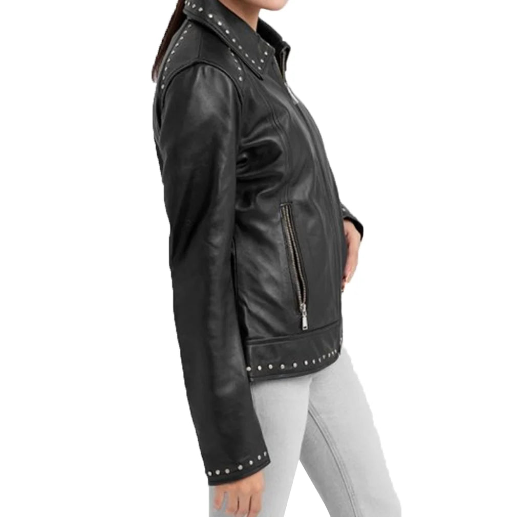 Womens Studded Classic Black Leather Jacket