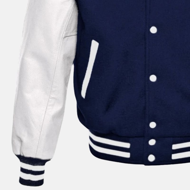 Navy Blue Wool Varsity Jacket With Leather Sleeves For Mens